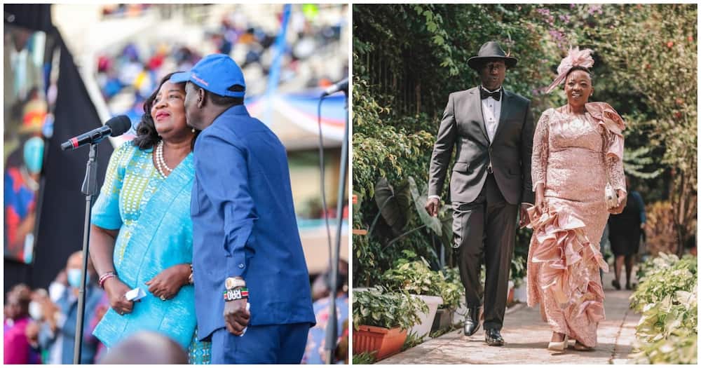 Collage of Raila Odinga and his wife (l) and PD William Ruto and his wife (r).