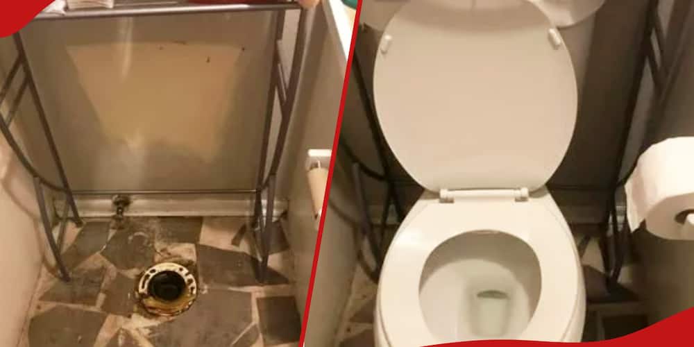 Left, the empty space left by the plumber after removing the toilet. Right: the newly-replaced toilet.