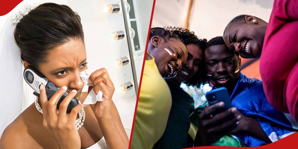 Left: Frustrated bride makes phone call. Right: Man stares at phone surrounded by friends.