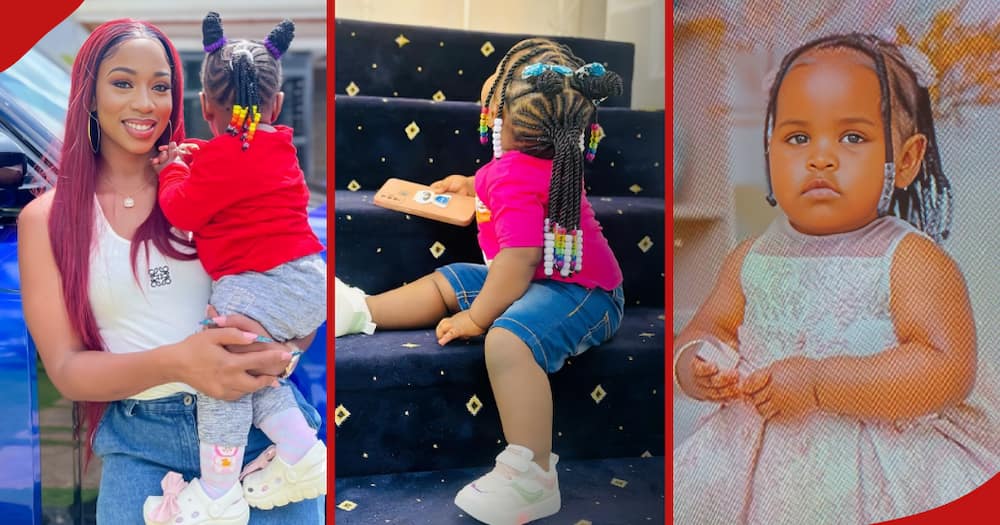 Diana Marua carrying her daughter Malaika (l). Malaika sitting on stairs (c). Malaika's face reveal for first time (r).