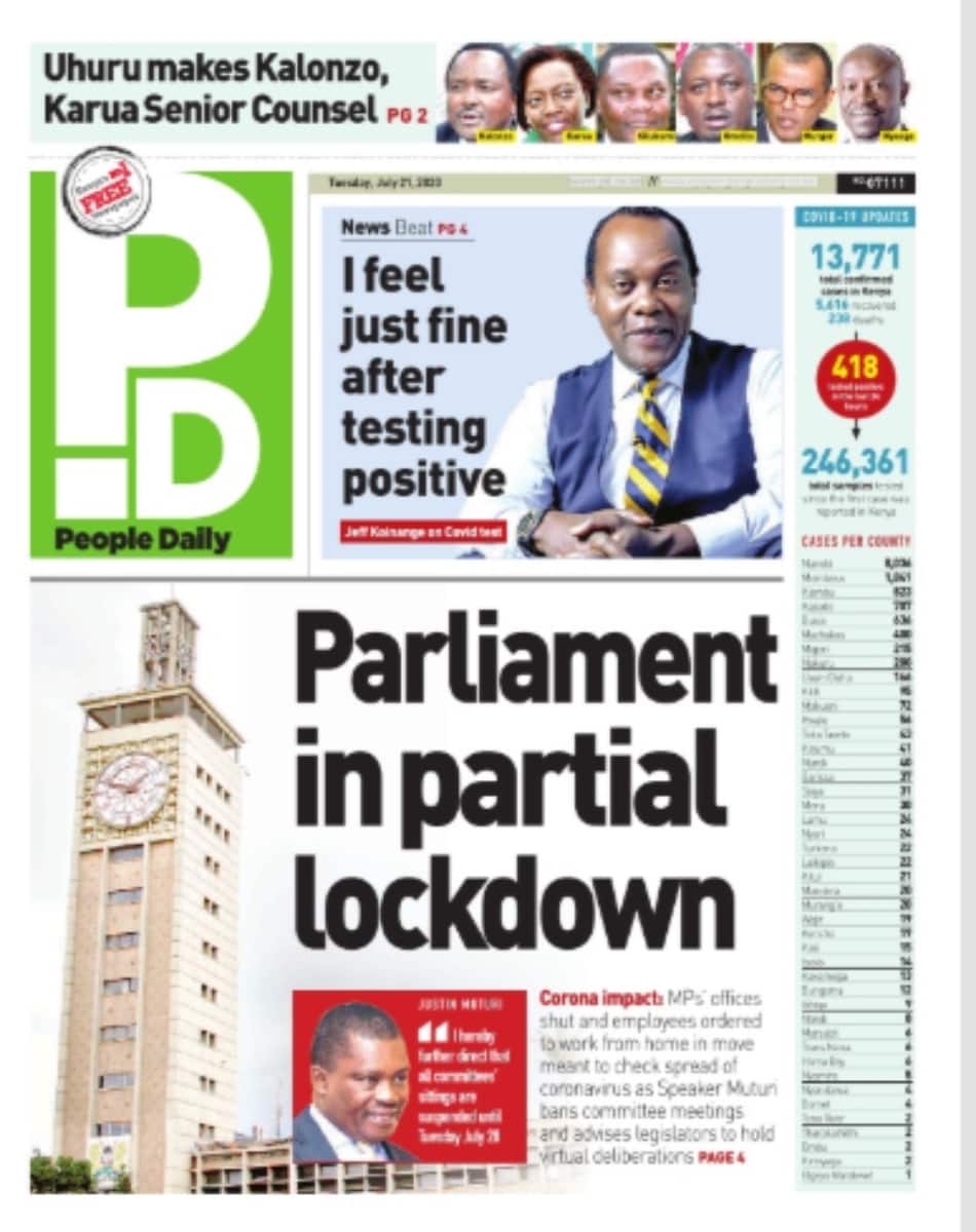 Kenyan newspapers review for July 21: Parliament put on lockdown after 50 staff tested positive for COVID-19