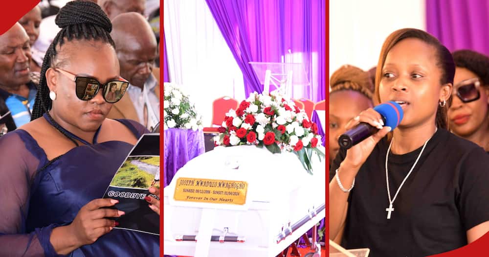 KarehB goes through her son Joe Mwadulo's eulogy (left), Joe's casket(centre), and actress Shix Kapienga speaking during the event (right). Photo: KarehB.