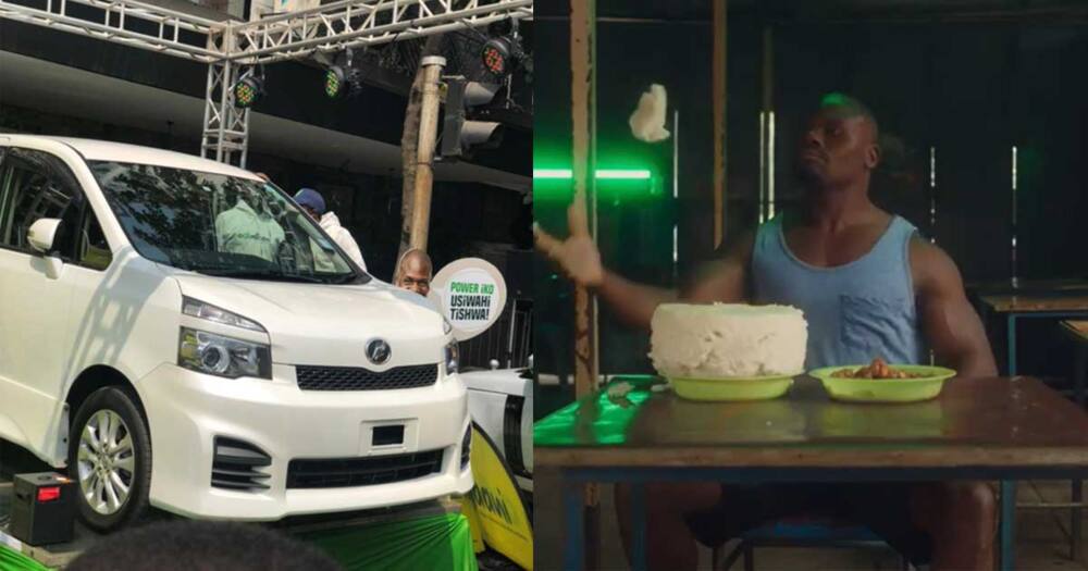 Ugali Man who warmed the hearts of many by how much ugali he can consume, was today given a brand new car and KSh 5 million. Photo: Odibet.