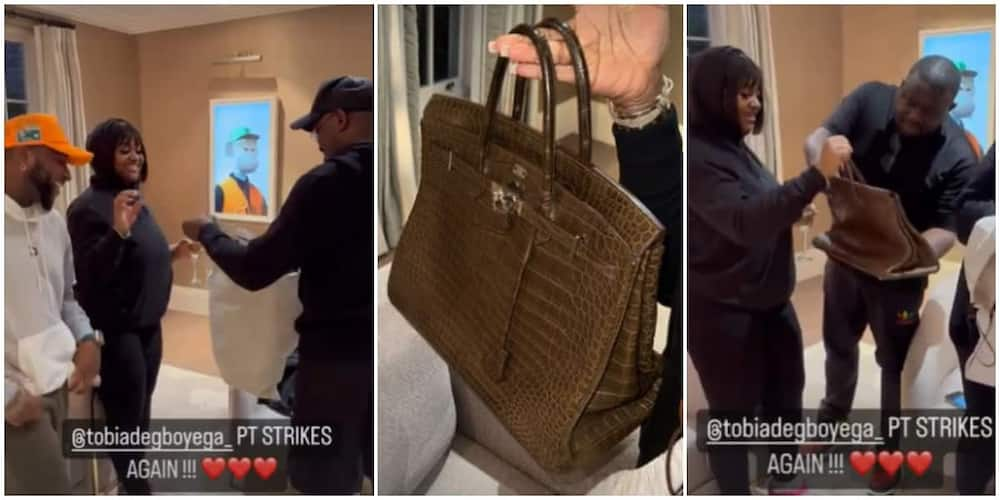 UK-based Nigerian clergyman, Tobi Adegboyega, gifts Davido's fiancée,  Chioma, a Hermes Birkin snakeskin bag said to be worth $95000 (video)