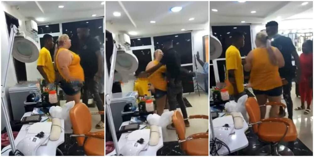 Reactions as Oyinbo lady defends her Nigerian lover from another woman in public