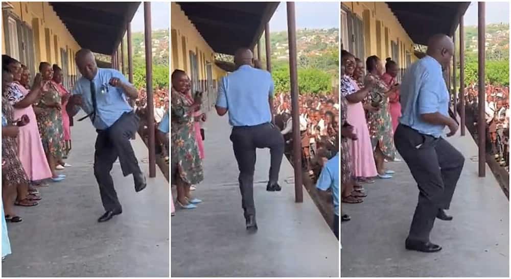 Photos of a school principal posing while dancing before his students.