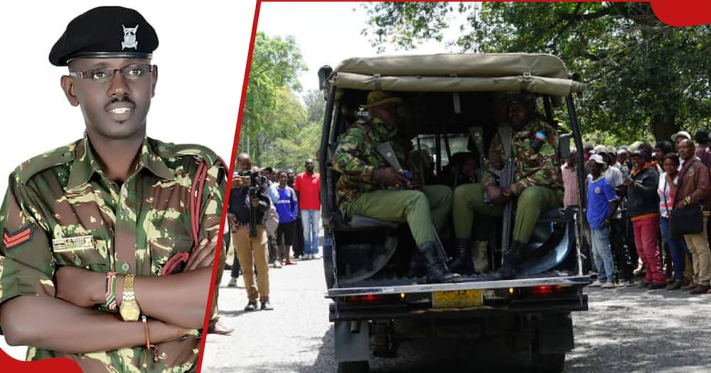 Police Officer Sammy Ondimu Ngare and next frame shows police officers in a car.