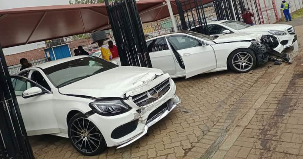 Damaged Mercedes Benz cars.