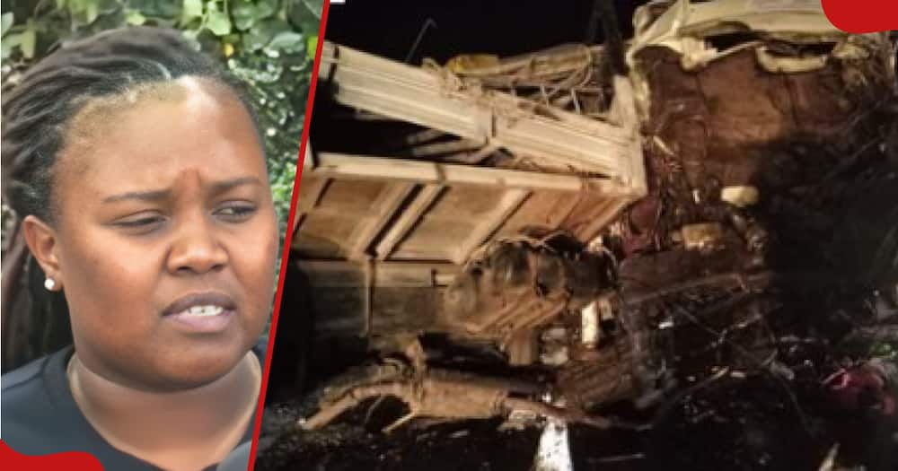 Anne Njenga who spoke on behalf of the family and second frame shows a section of the scene of the accident.