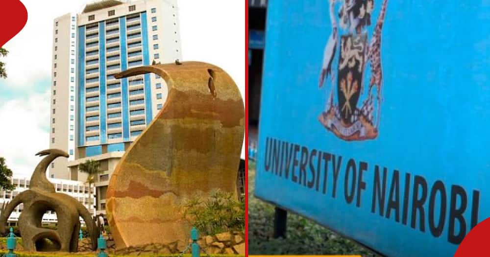 Photo of the University of Nairobi Monument and a sign with the institution's name.