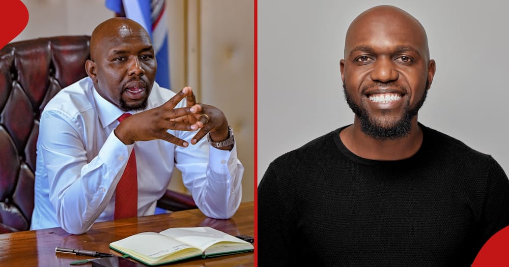 Kipchumba Murkomen in his office (left), and Larry Madowo smiling for a photo (right).