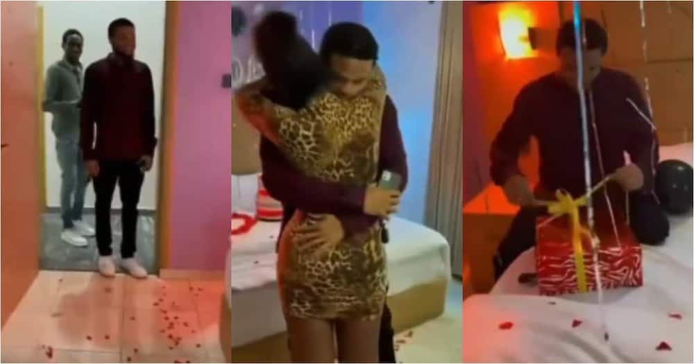 Pretty lady leaves boyfriend emotional as she with lavish birthday surprise in bedroom video