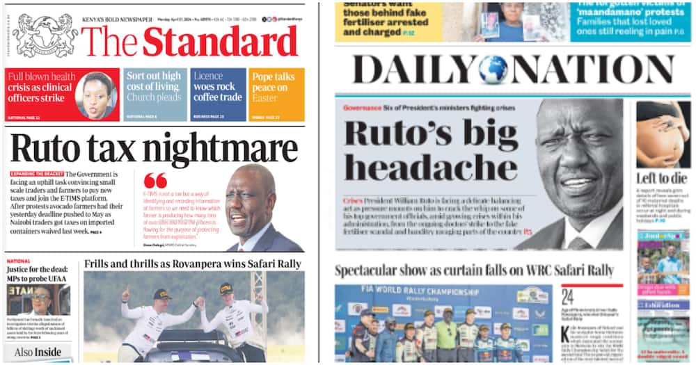 Front page of Daily Nation and The Standard newspapers