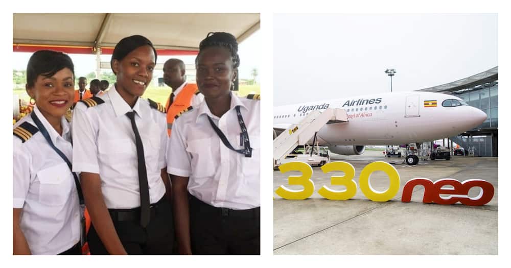 Uganda Airlines pilots Vernita Kayiwa (Left), Rita Nasirumbi (Center) and Tina Drazu (Right). Kayiwa and Drazu will be flying the Airbus A330 (Inset). Photo credits: The Independent/H. Gousse.