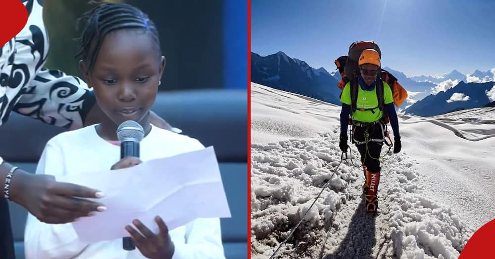 Maya Cherotich (l), the daughter of Kenyan climber Joshua Cheruiyot Kirui (r) read her tribute to her dad.