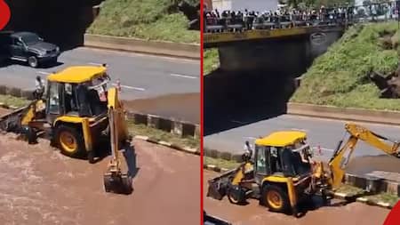 Video of Excavator Being Used to Draw Floodwater from Nairobi Highway Puzzles Kenyans