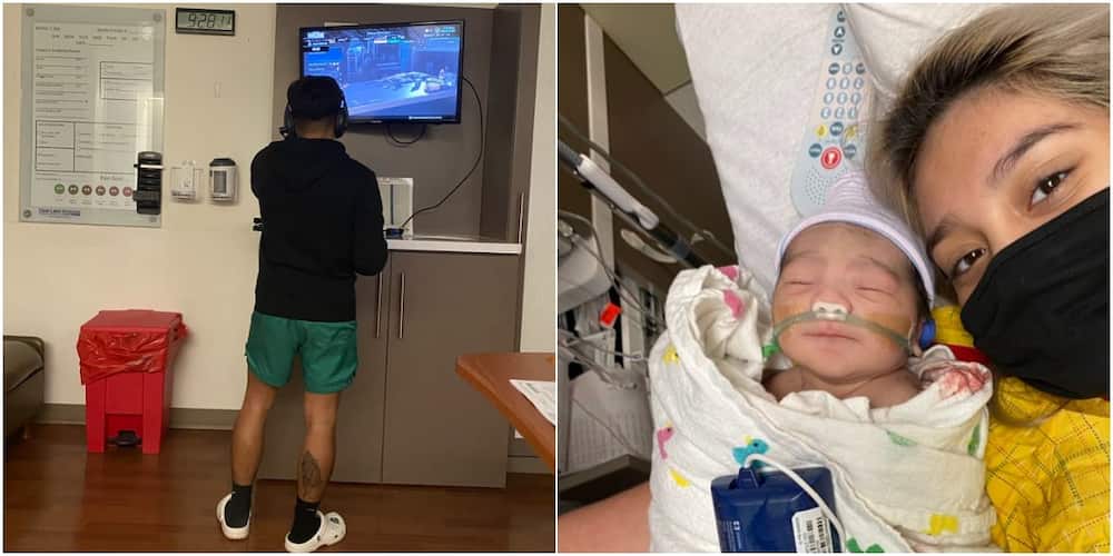 Man plays video game in the hospital while his wife is in labour