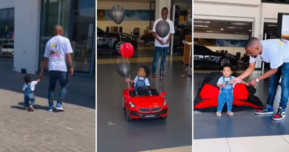 A father taking his toddler to pick up his mini BMW.