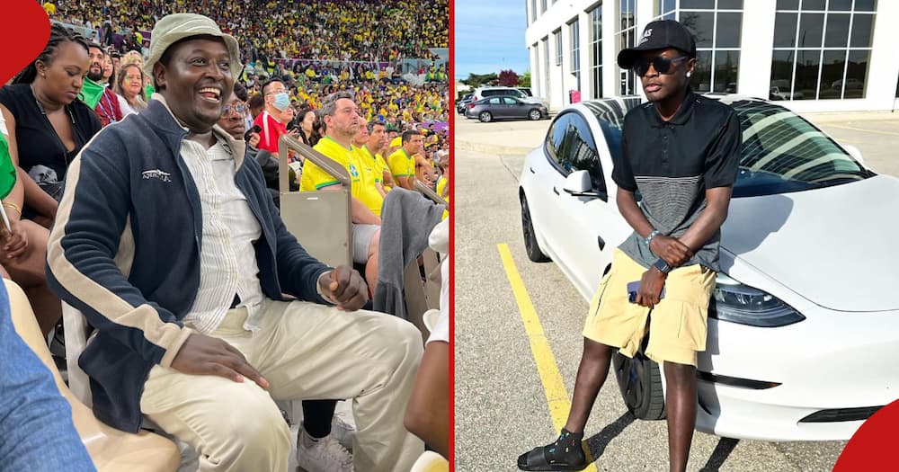 In the left frame, Terence Creative watches a football game, and in the right frame, Vincent Mboya sits on the hood of a Tesla.