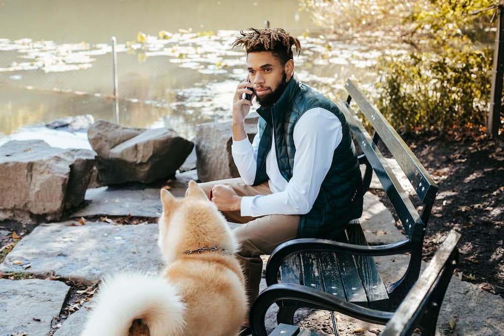 A pensive young man is speaking on a smartphone while sitting on a bench near a dog by the lakeside