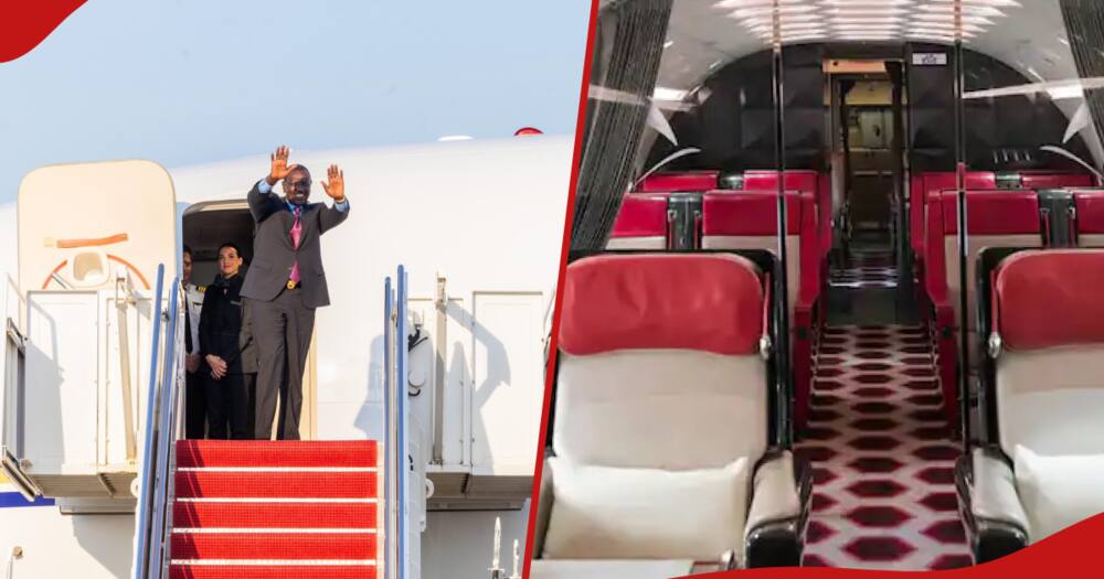 Collage of President William Ruto (l) and the interior of the private jet he used to the US (R)