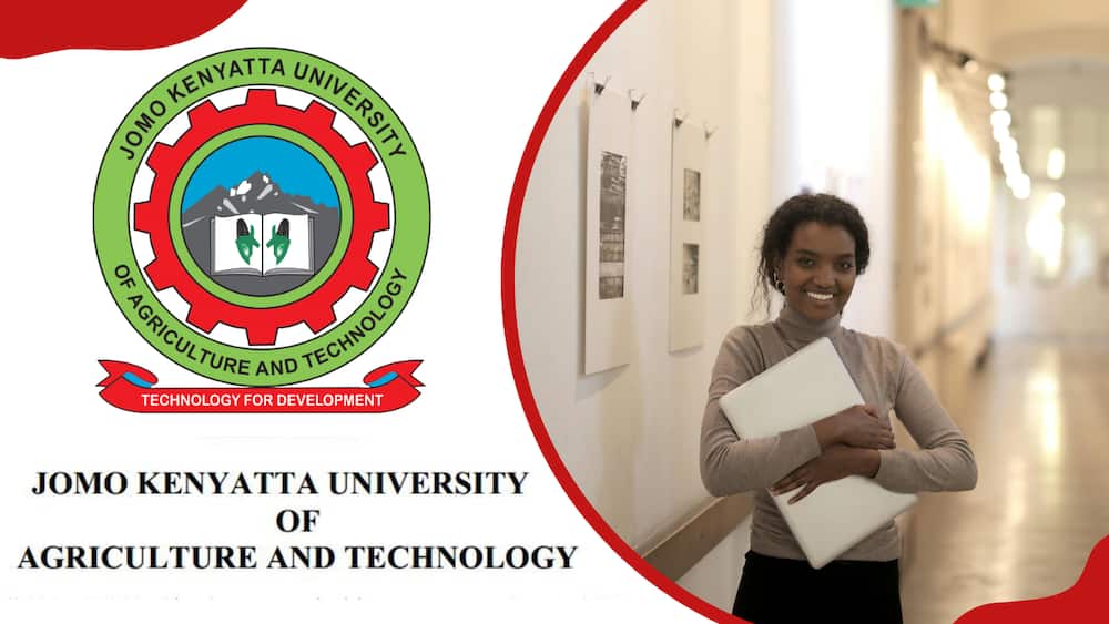 The JKUAT logo and a young woman holding a clipboard in a corridor