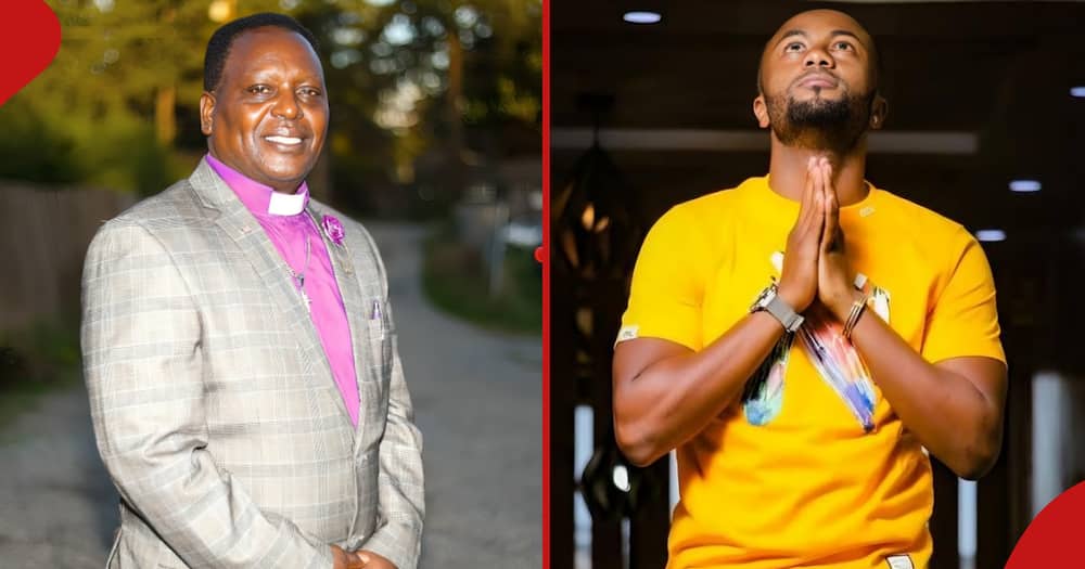 Monica Kimani's dad Paul Ngarama poses for a photo (l). Jowie Irungu looks up in prayer (r).