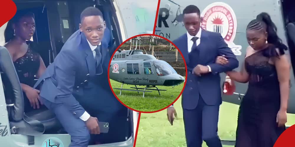 Collage of the student and his date alighting from the chopper.