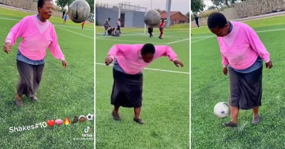 A Soweto old woman juggled a soccer ball like a professional
