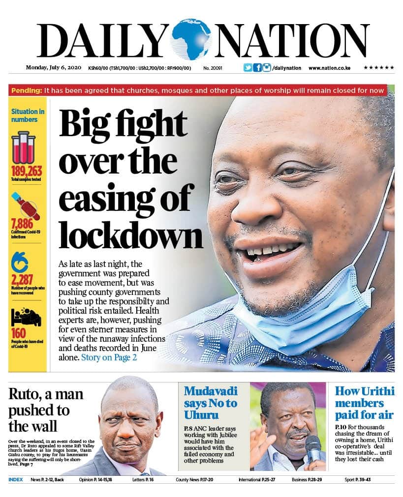 Kenyan newspapers review for July 6: Slump in revenue collection may compel Uhuru to reopen country