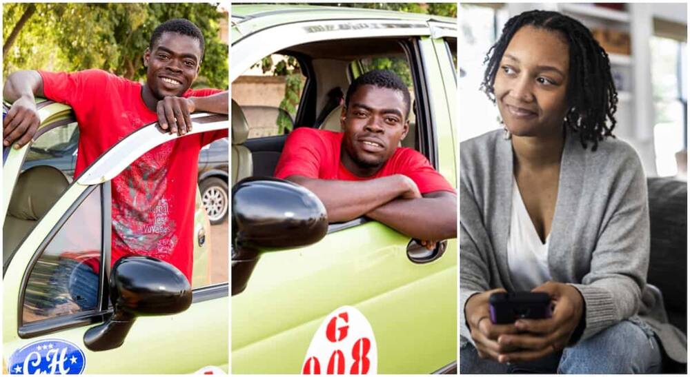 Photos of a man in a taxi and a lady sitting down.