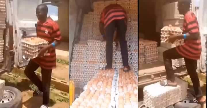 Nigerian man walks on eggs