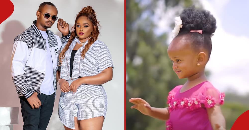 Celebrity couple Kabi and Milly Wa Jesus during a photoshoot (left) and a screengrab of their daughter, Princess Tsuri wa Jesus from their face reveal video (right).