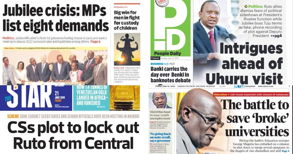 Kenyan Newspapers Review for June 21: Mt Kenya CSs hold secret meetings to counter Ruto's Tanga Tanga team
