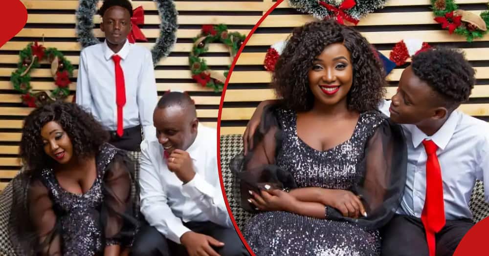Kate Actress (r) with her son, Kate (r) poses for a photo with her son (in red tie) and her ex-husband Phil Karanja.