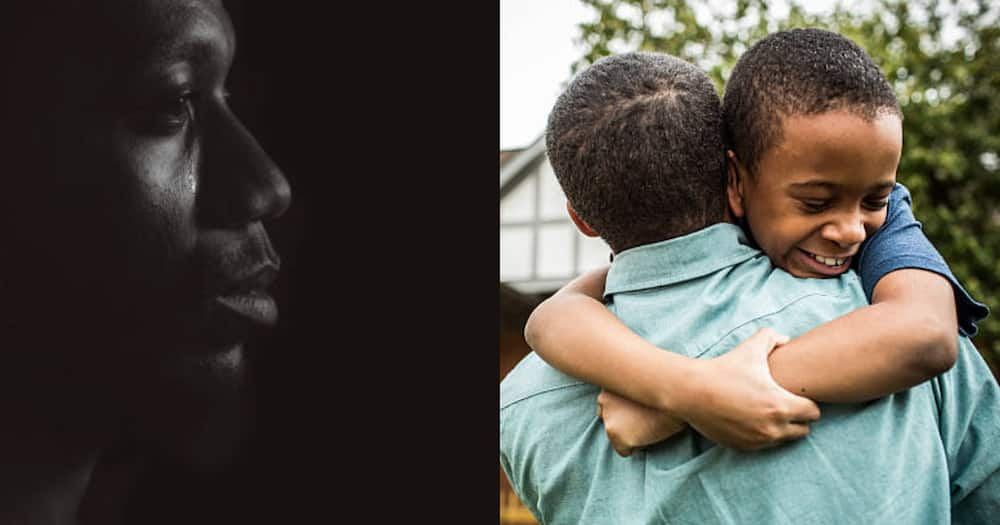 Photo illustration of sad father (l) and father hugging son (r).