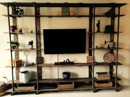 Industrial pipe shelving wall unit