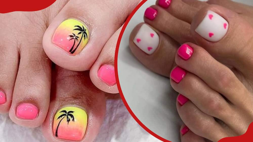 Palm tree toe nail design (L) and cherry nail design (R) are examples of beach summer toe nail designs.