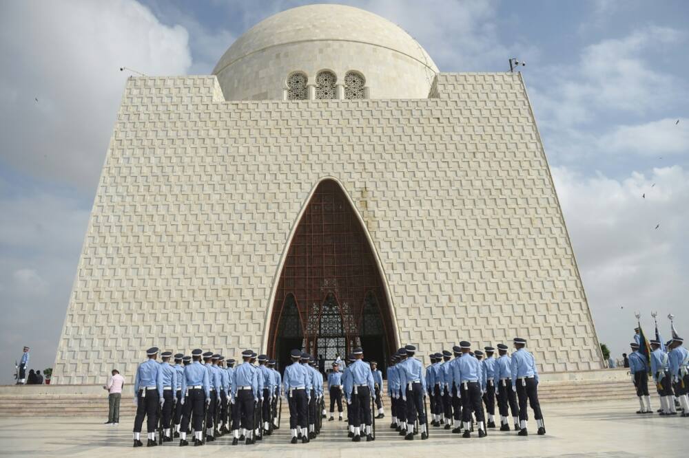 Air Force cadets march at the mausoleum of Pakistan's founder Mohammad Ali Jinnah in Karachi Tuesday to celebrate Defence Day