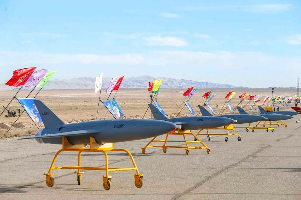 Iranian drones on display prior to a military drill at an undisclosed location in central Iran in 2021. The United States says Iran is planning to supply "hundreds" of drones or unmanned aerial vehicles to Russia for the war in Ukraine.