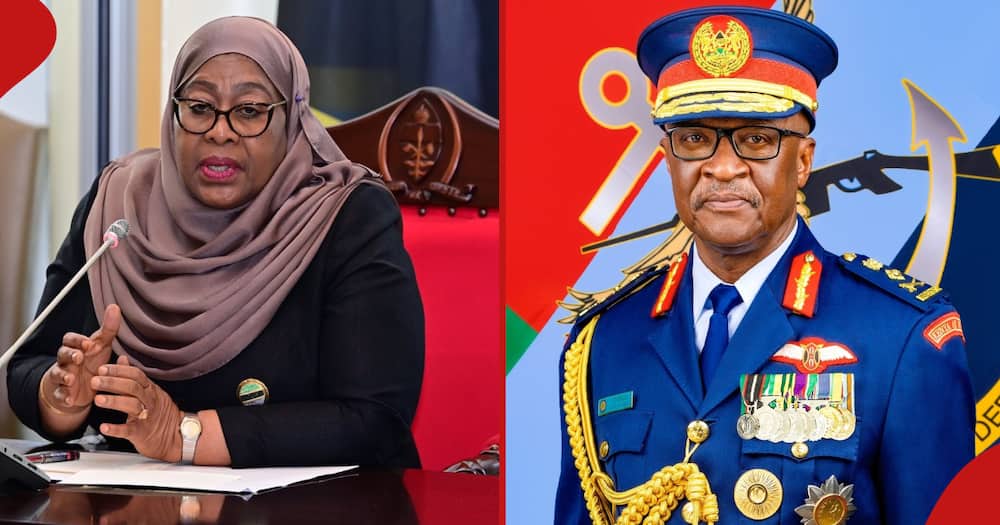 Tanzania's president Samia Suluhu addressing people in her office(left) and a poster of Chief of Defence Forces, General Francis Ogolla(right).