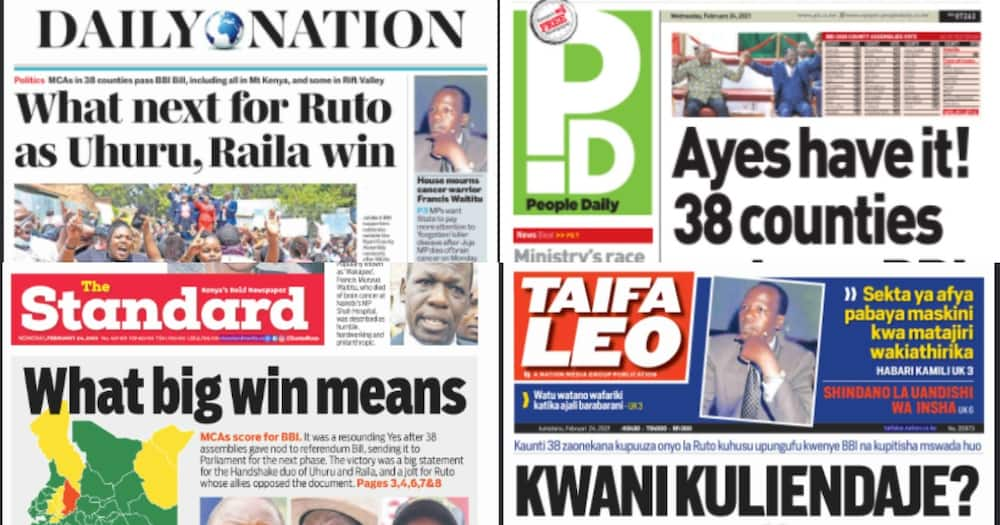 Kenyan newspapers review for February 24: Ruto's available options after resounding passage of BBI bill