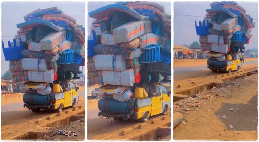 Photos of an overloaded bus parked by the roadside.