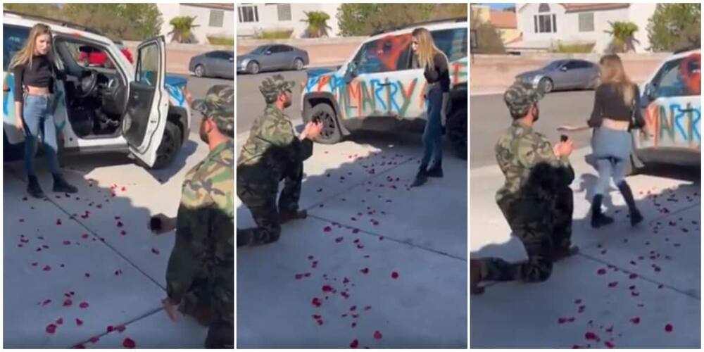 Proposal 'ends in tears' as lady slams soldier for spraying 'marry me' paint on her car.