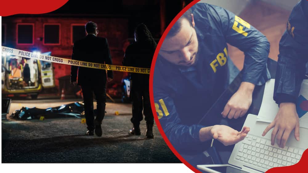 Liutenant arriving at a crime scene (L) and FBI and CSI agents working on a crime.