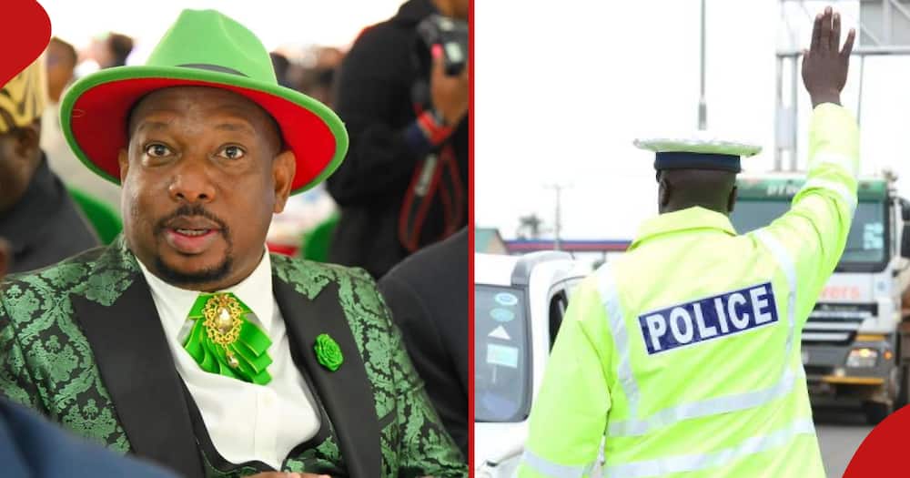 Collage of Mike Sonko (l) and a traffic officer on the road (r)