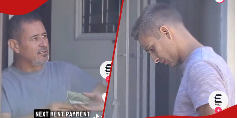 The older man wears a shocked look as the young stranger hands over the rent in a viral TikTok video.