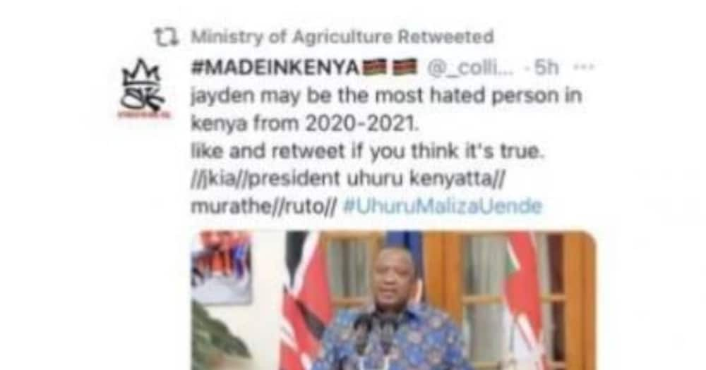 Ministry of Agriculture Apologises after Retweeting Post Saying Uhuru is Kenya's most Hated Person