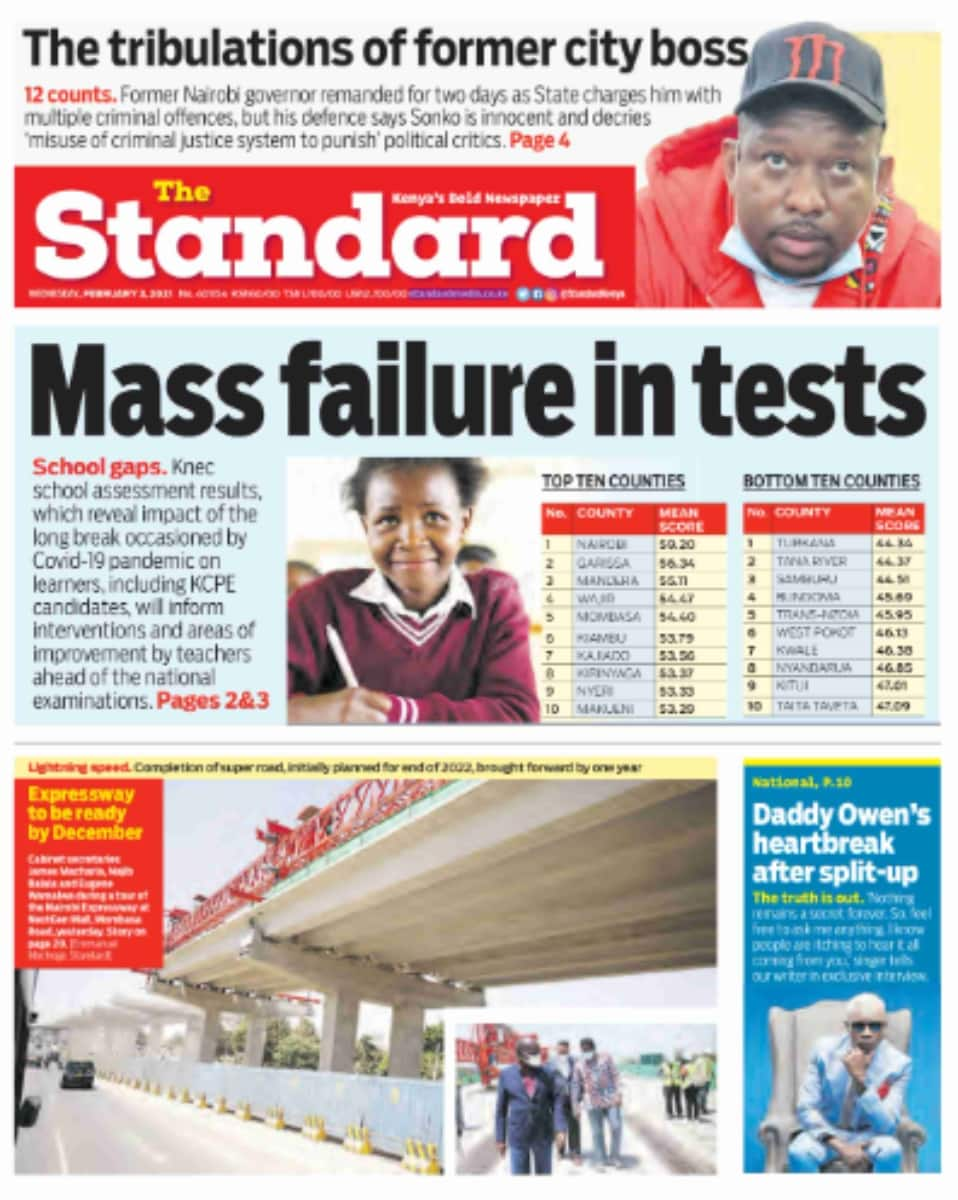 Kenyan newspapers review for February 3: KCPE candidates register massive failure in tests ahead of national exam