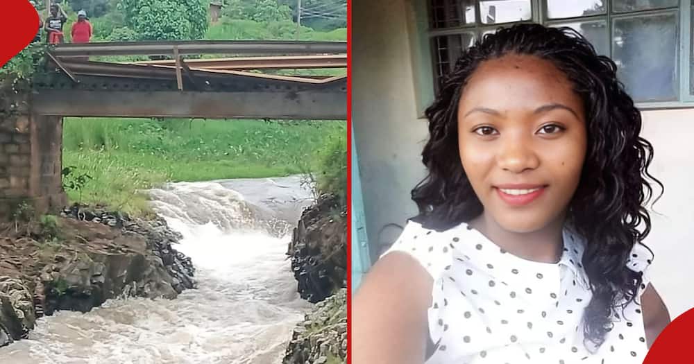 Collage of Maureen Wangui (r) and the river (l) where she drowned in Kirinyaga.